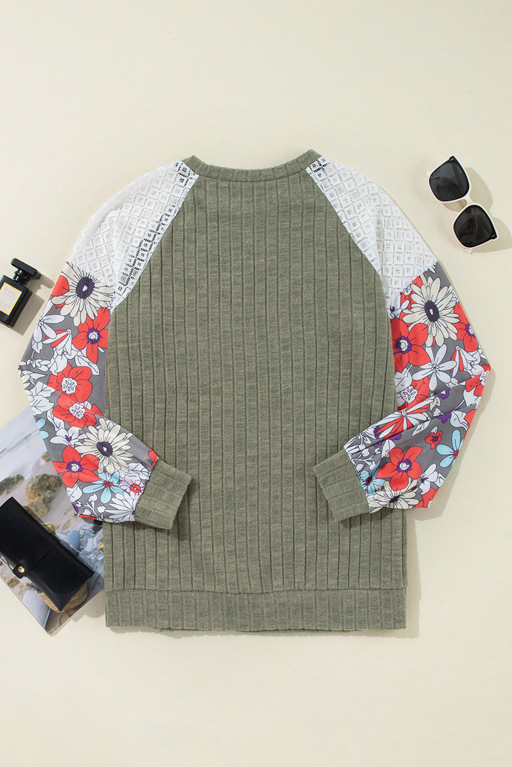 Cinnamon Floral Patchwork Long Sleeve Ribbed Blouse