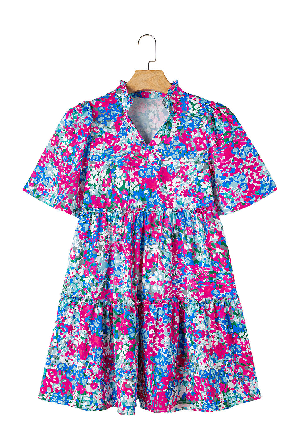 Multicolour Floral Short Sleeve V Neck Tiered Mini Dress