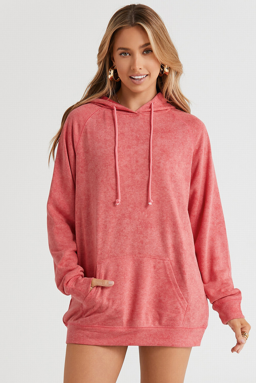 Gray Mineral Wash Kangaroo Pocket Drawstring Pullover Hoodie