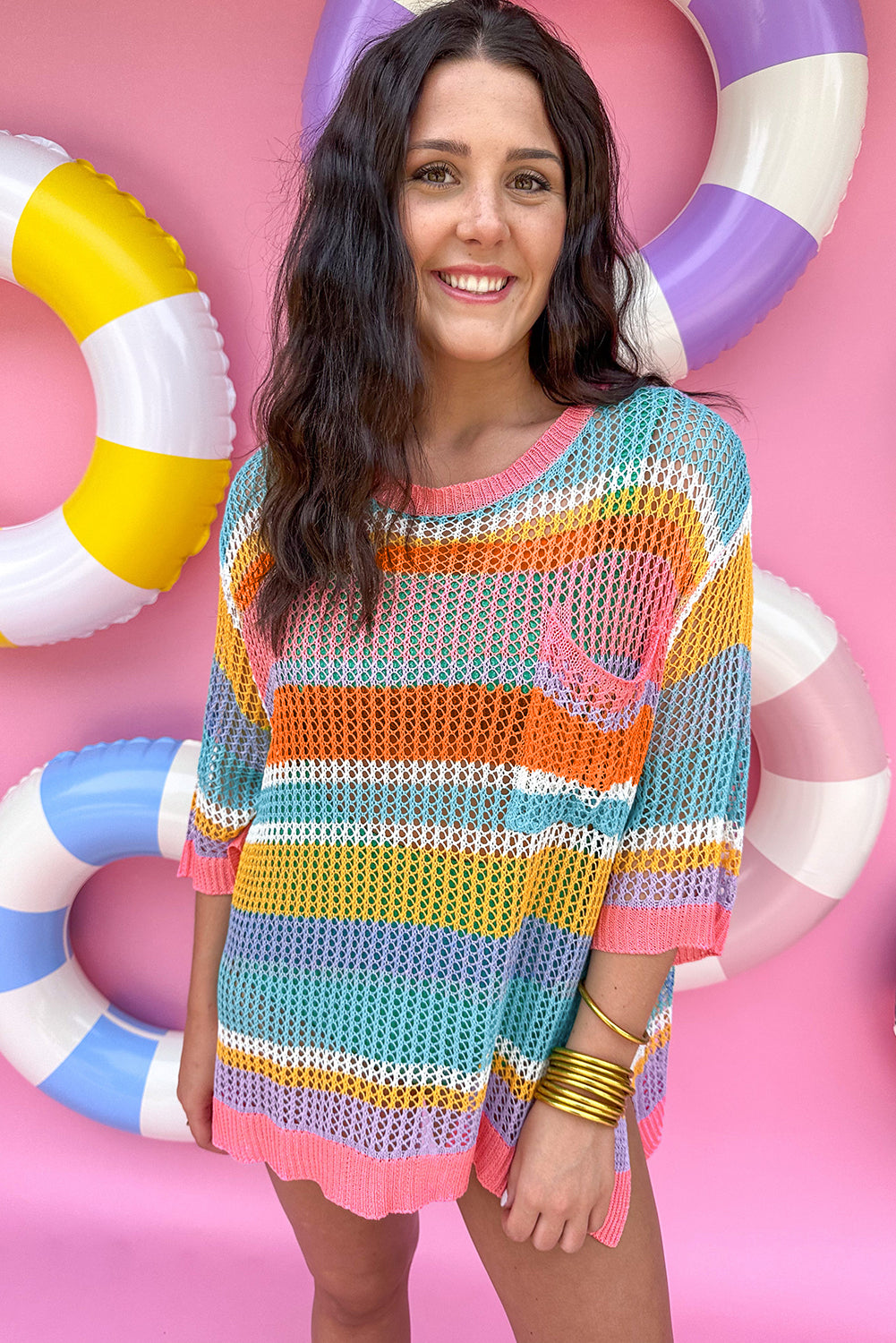 Orange Stripe Colorblock Hollowed Crochet 3/4 Sleeve Sweater