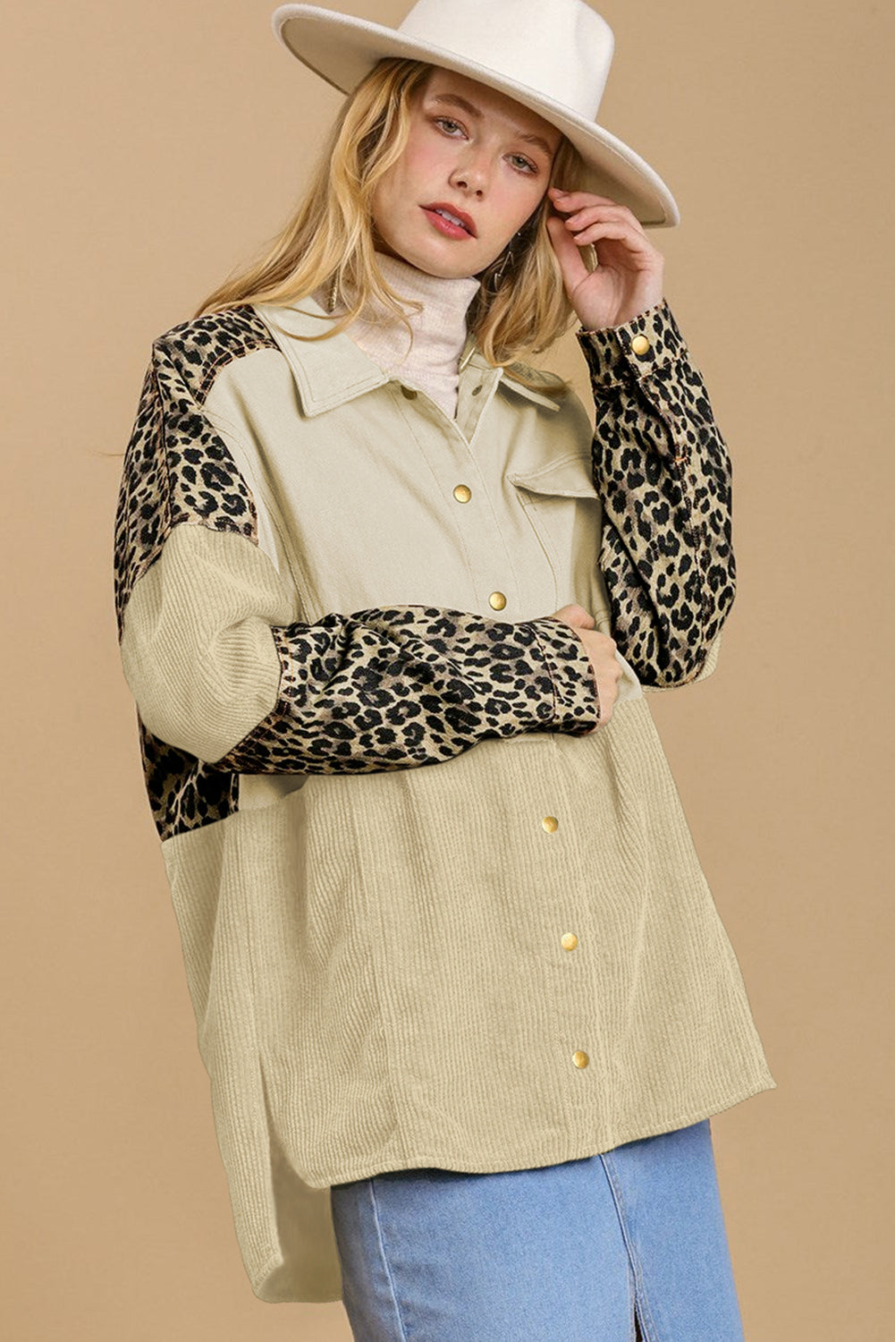 Beige Leopard Patchwork High Low Shirt Jacket