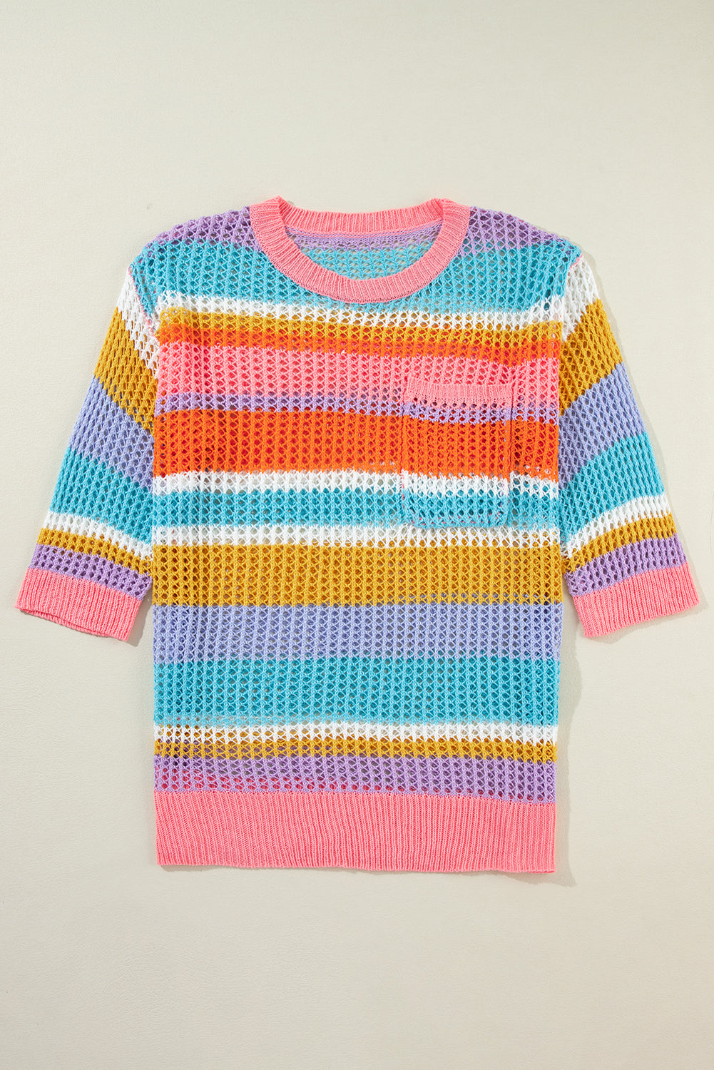 Orange Stripe Colorblock Hollowed Crochet 3/4 Sleeve Sweater