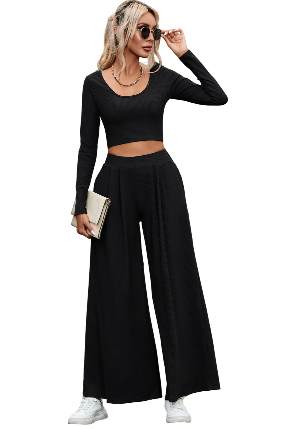 Gray Solid Color Ribbed Crop Top Long Pants Set