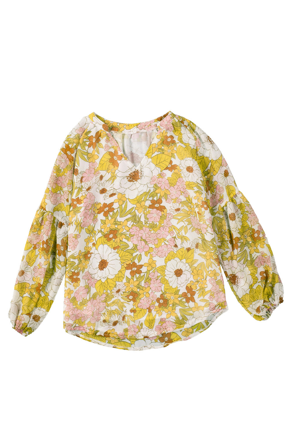 Multicolor Floral Print V Neck Long Puff Sleeve Top