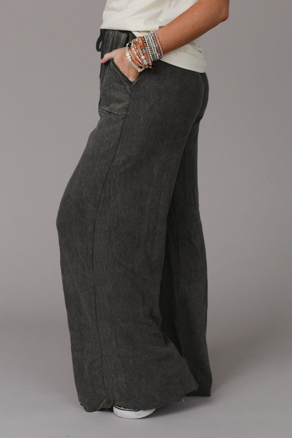 Retro Washed Drawstring Wide Leg Pants