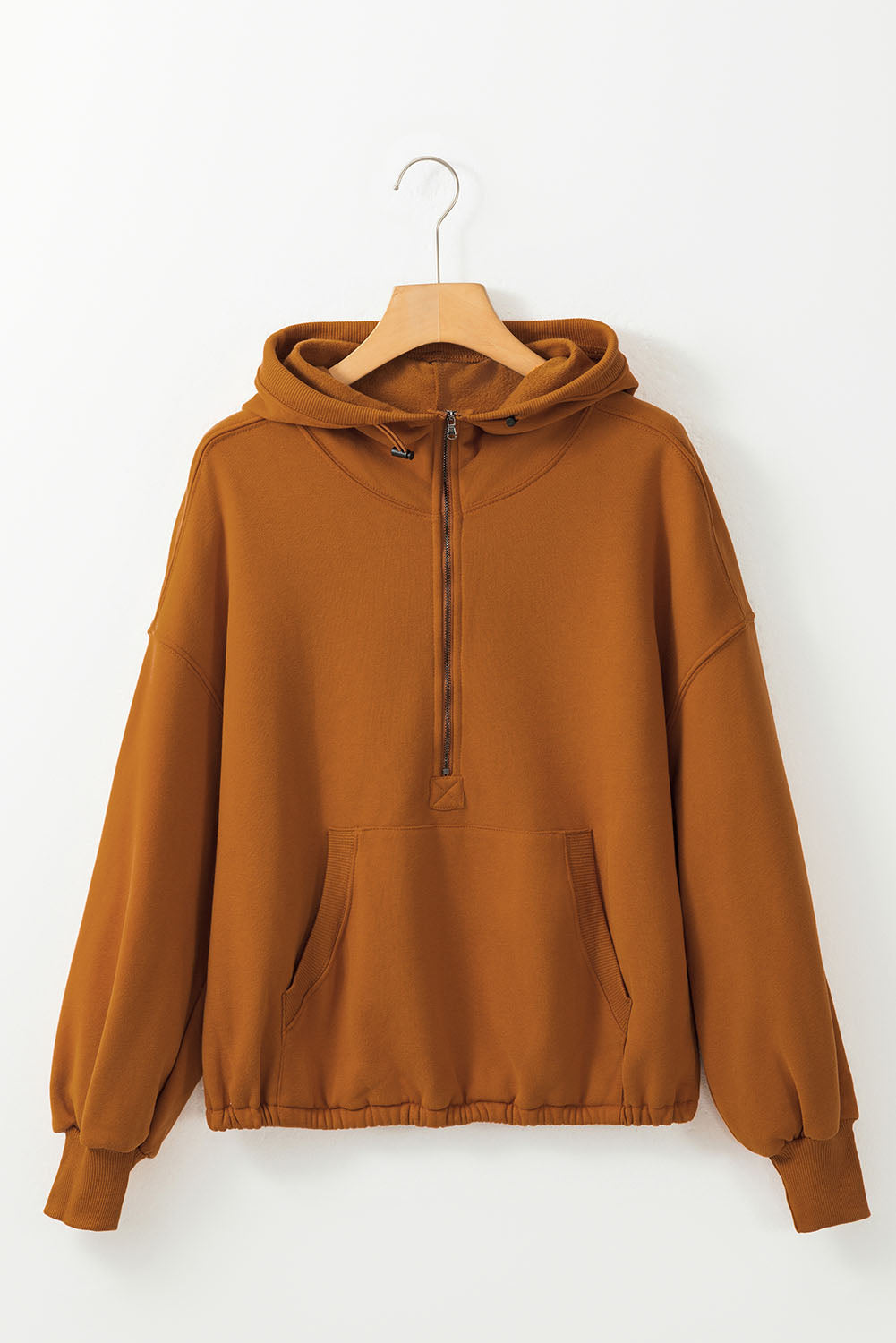 Beige Ribbed Trim Kangaroo Pocket Zipped Hoodie