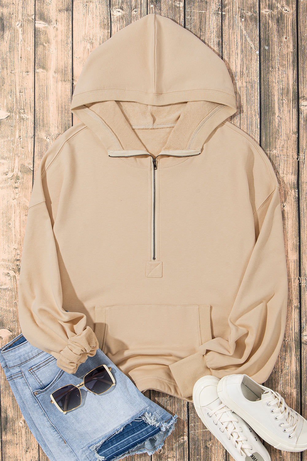 Smoke Green Solid Kangaroo Pocket Half Zipper Oversized Hoodie