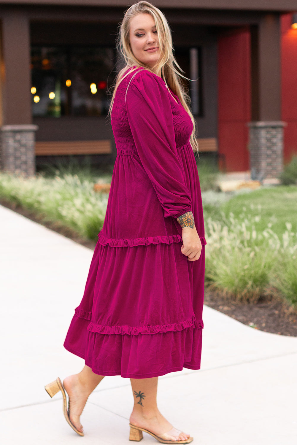 Rose Red Shirred V Neck Tiered Ruffled Velvet Plus Size Maxi Dress