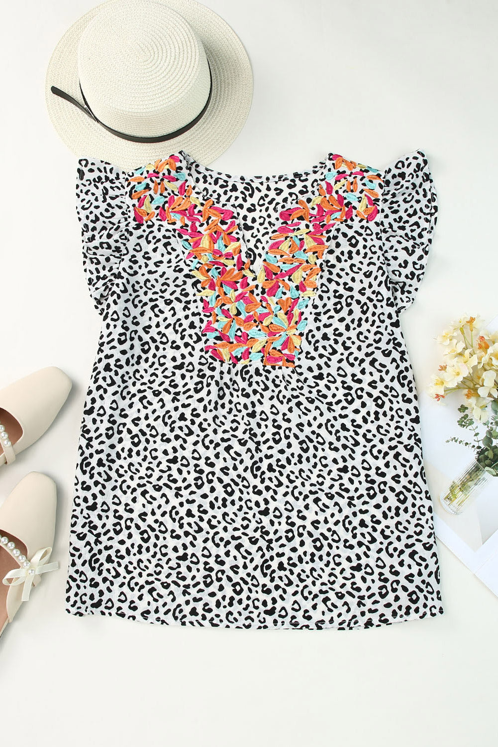 Leopard Ruffle Shoulder Embellished V-neck Sleeveless Top