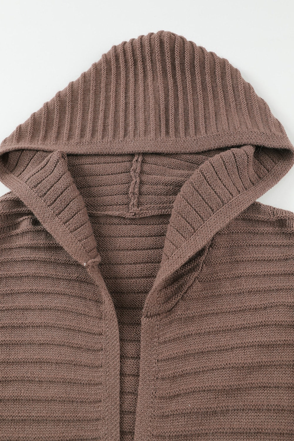 Brown Horizontal Rib Knitted Open Front Hooded Cardigan