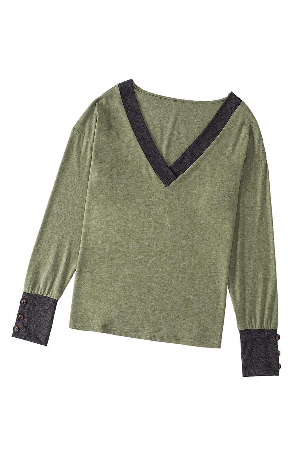 Khaki Contrast V Neck Button Cuffed Long Sleeve Top