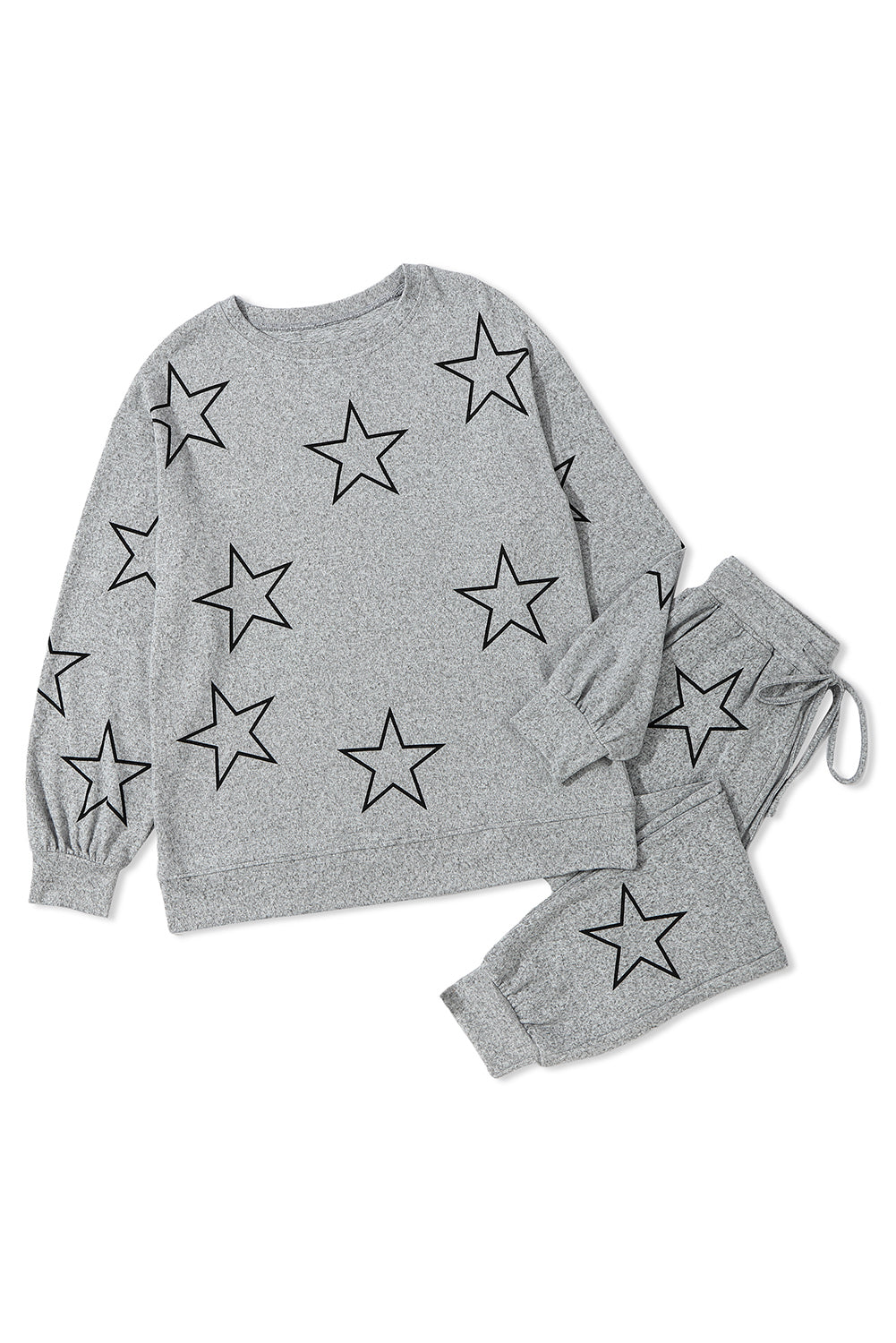 Gray Stars Print Long Sleeve Drawstring High Waist Lounge Set