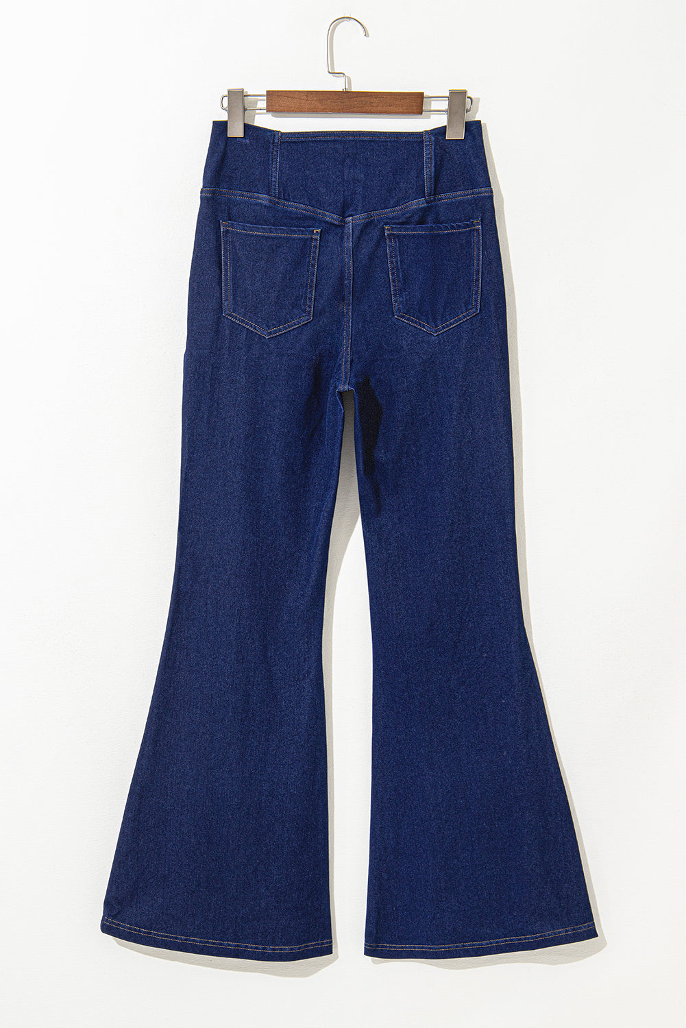 Dusk Blue Solid Crossed Waist High Elastic Fit Flare Jeans