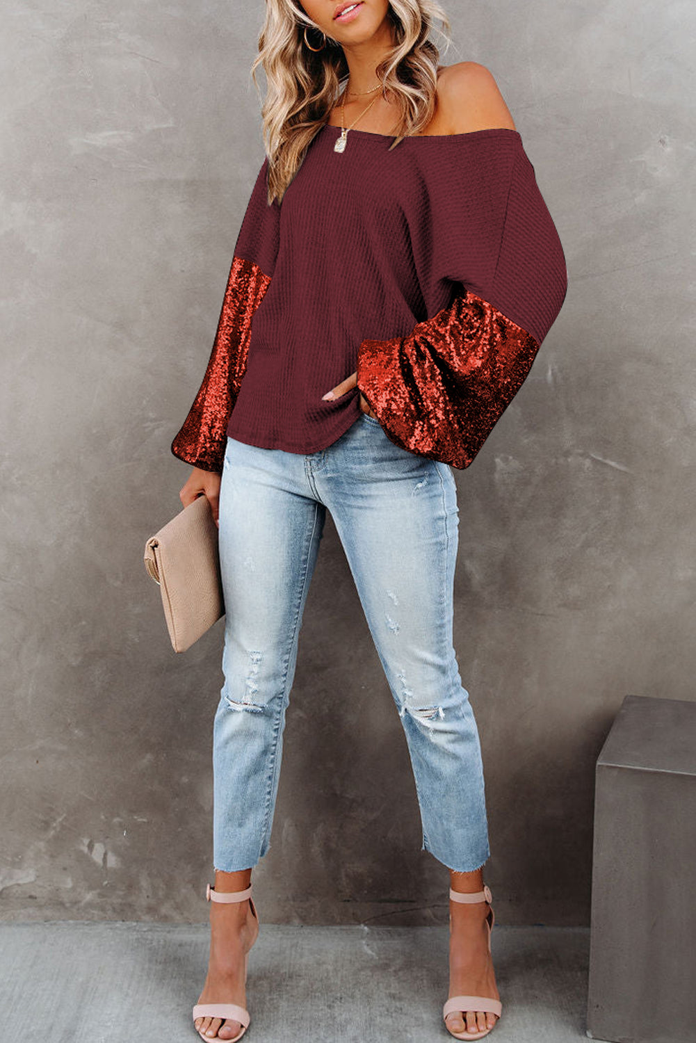 Burgundy Sequin Patchwork Sleeve Open Back Waffle Knit Top