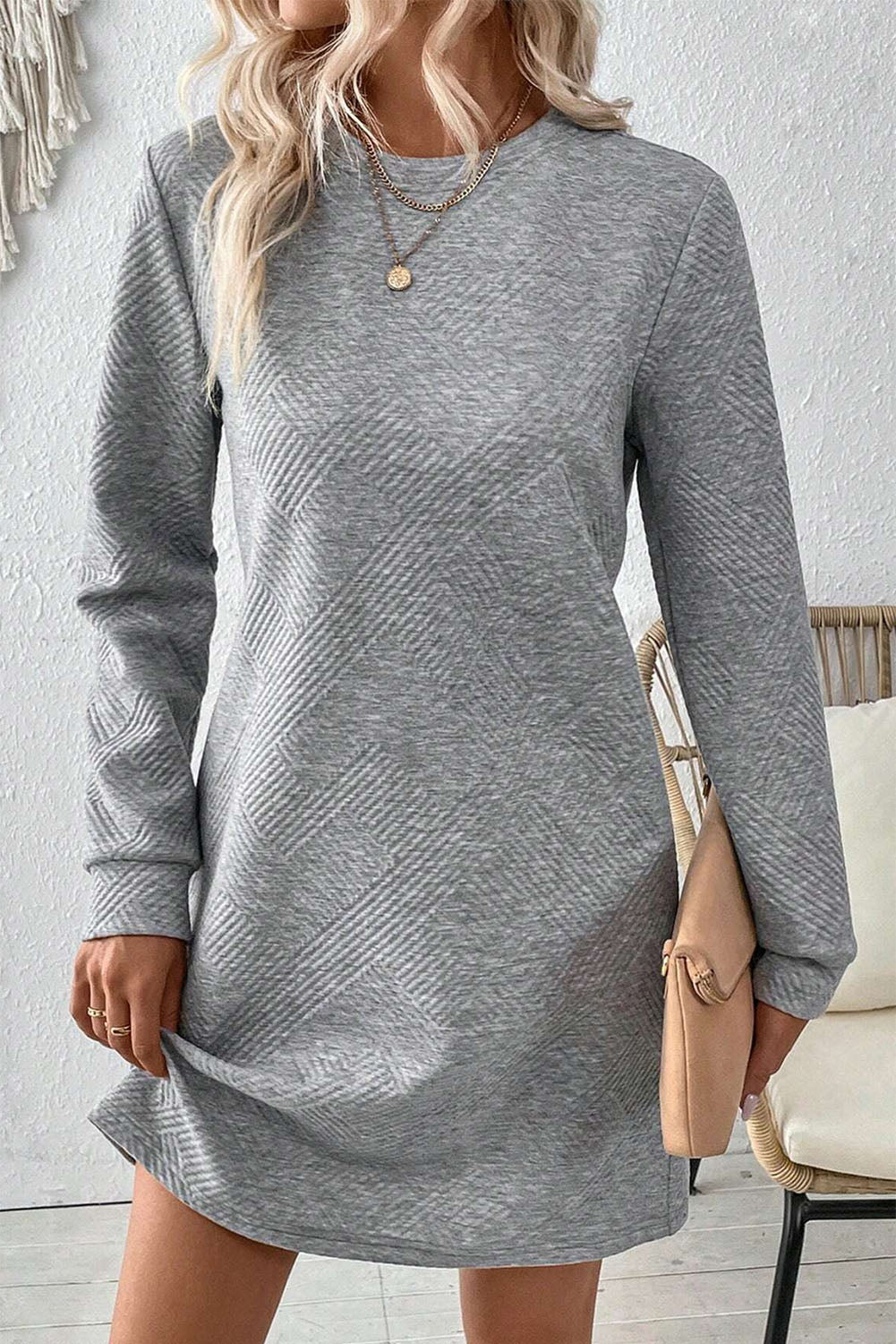 Black Solid Color Textured Long Sleeve Shift Dress