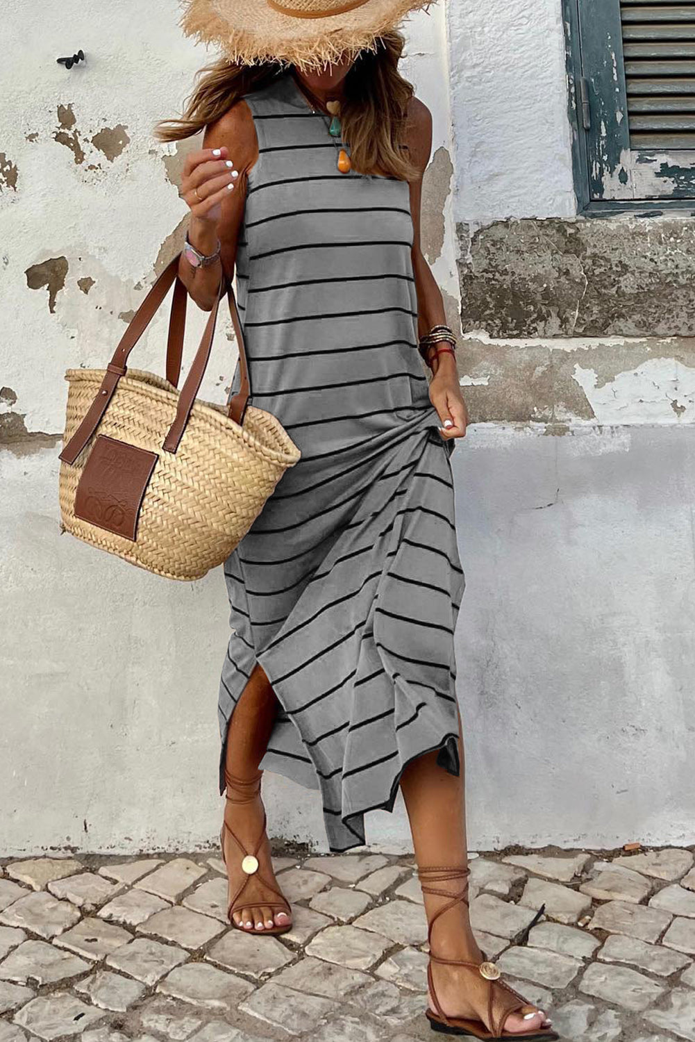 Stripe Print Open Back Sleeveless Dress