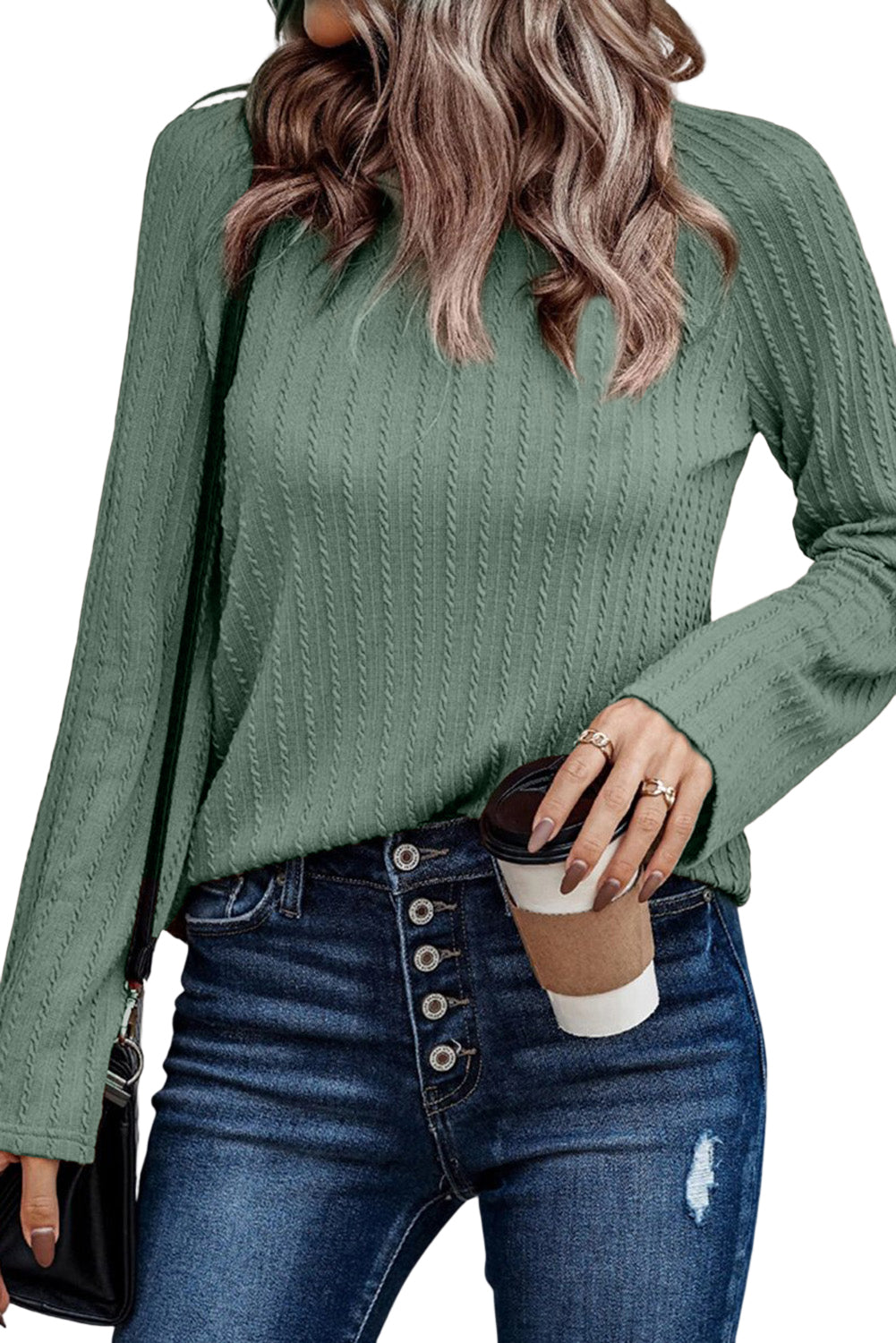 Khaki Ribbed Round Neck Knit Long Sleeve Top