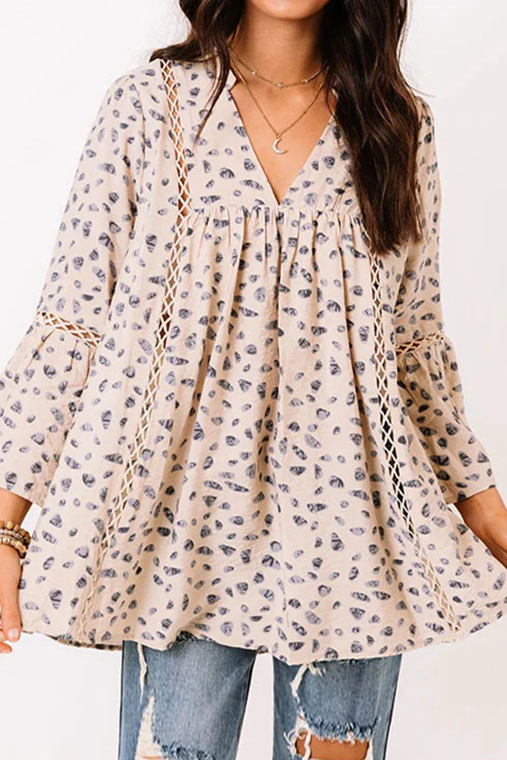 Boho Notch Neck Bell Sleeve Peasant Blouse