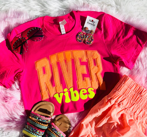 *PUFF* River Vibes Neon Yellow and Neon Orange Puff on Fuschia Tee