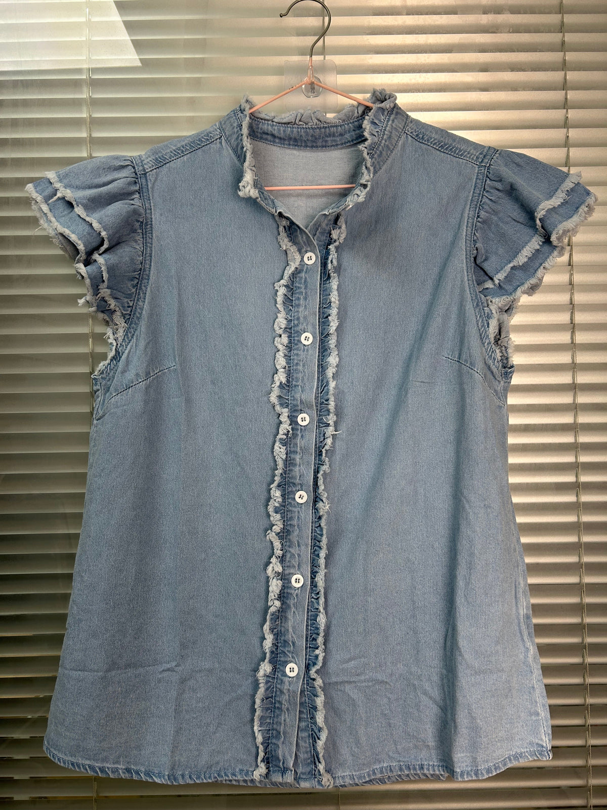 Button Front Ruffled Flutter Frayed Denim Top