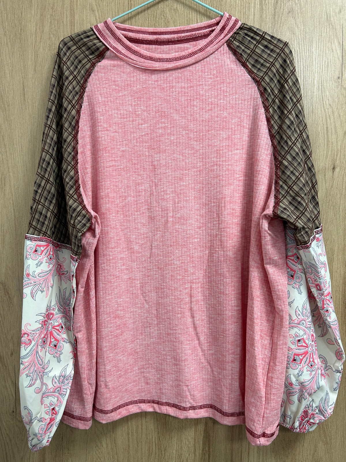 Flower Patchwork Sleeve Ribbed Top