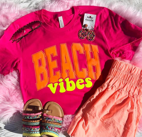 *PUFF* Beach Vibes Neon Yellow and Neon Orange Puff on Fuschia Tee