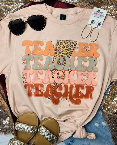 Teacher Leopard Lightning Bolt Peach Tee