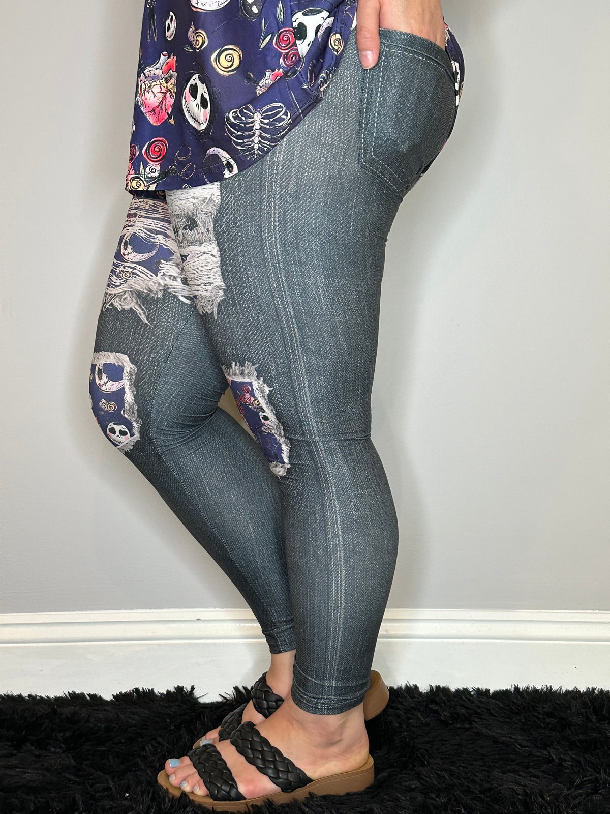 Black Denim Dark Skelly Leggings w/ Back Pockets