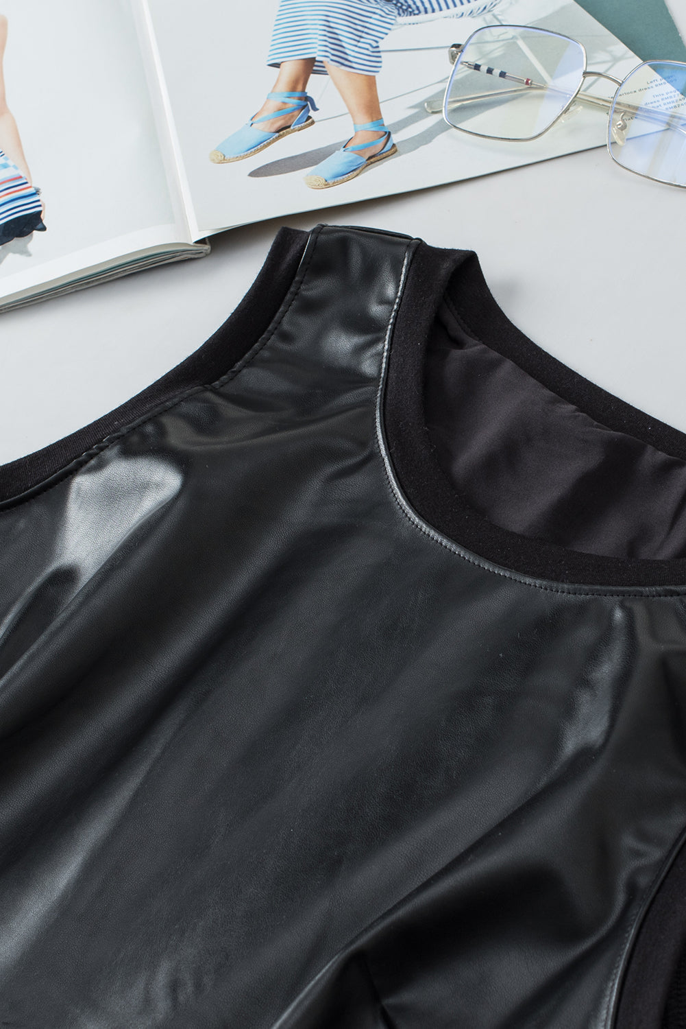 Black Faux Leather Crew Neck Tank Top