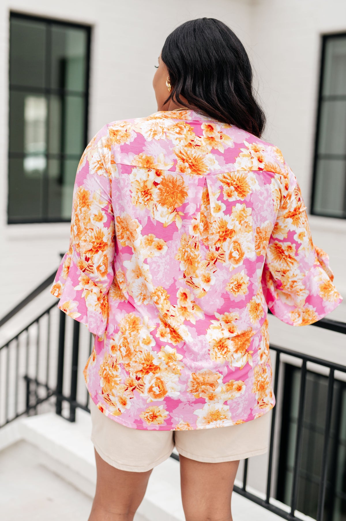 Lizzy Bell Sleeve Top in Pink and Gold Floral