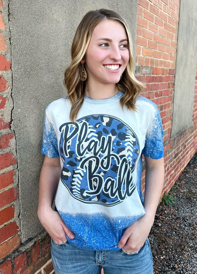 Kids Play Ball Leopard Baseball Softball Grey Bleached Tee