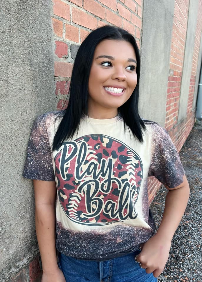 Kids Play Ball Leopard Baseball Softball Grey Bleached Tee