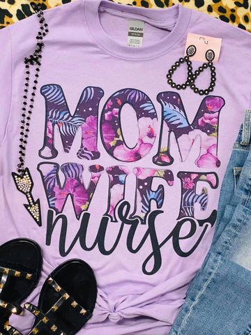 Mom Wife Nurse Floral Purple Tee