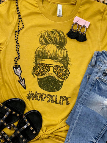 Nurse Life Messy Bun Leopard Mustard Tee