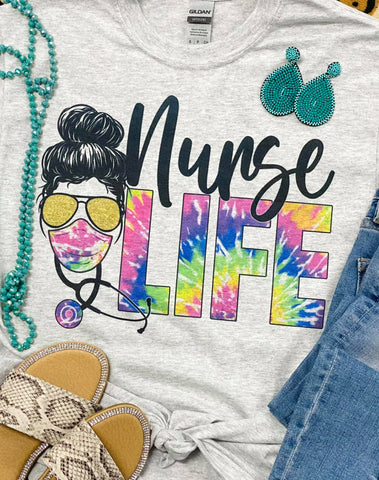 Nurse Life Tye Dye Messy Bun Grey Tee