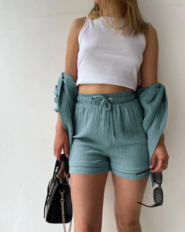 Textured Shirt + Drawstring Shorts 2-Piece Set