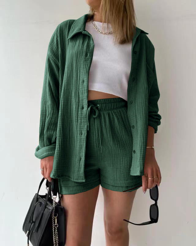 Textured Shirt + Drawstring Shorts 2-Piece Set