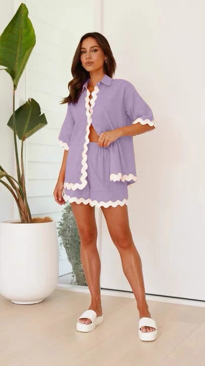 Wave Pattern Solid Shirt Top + Shorts Set