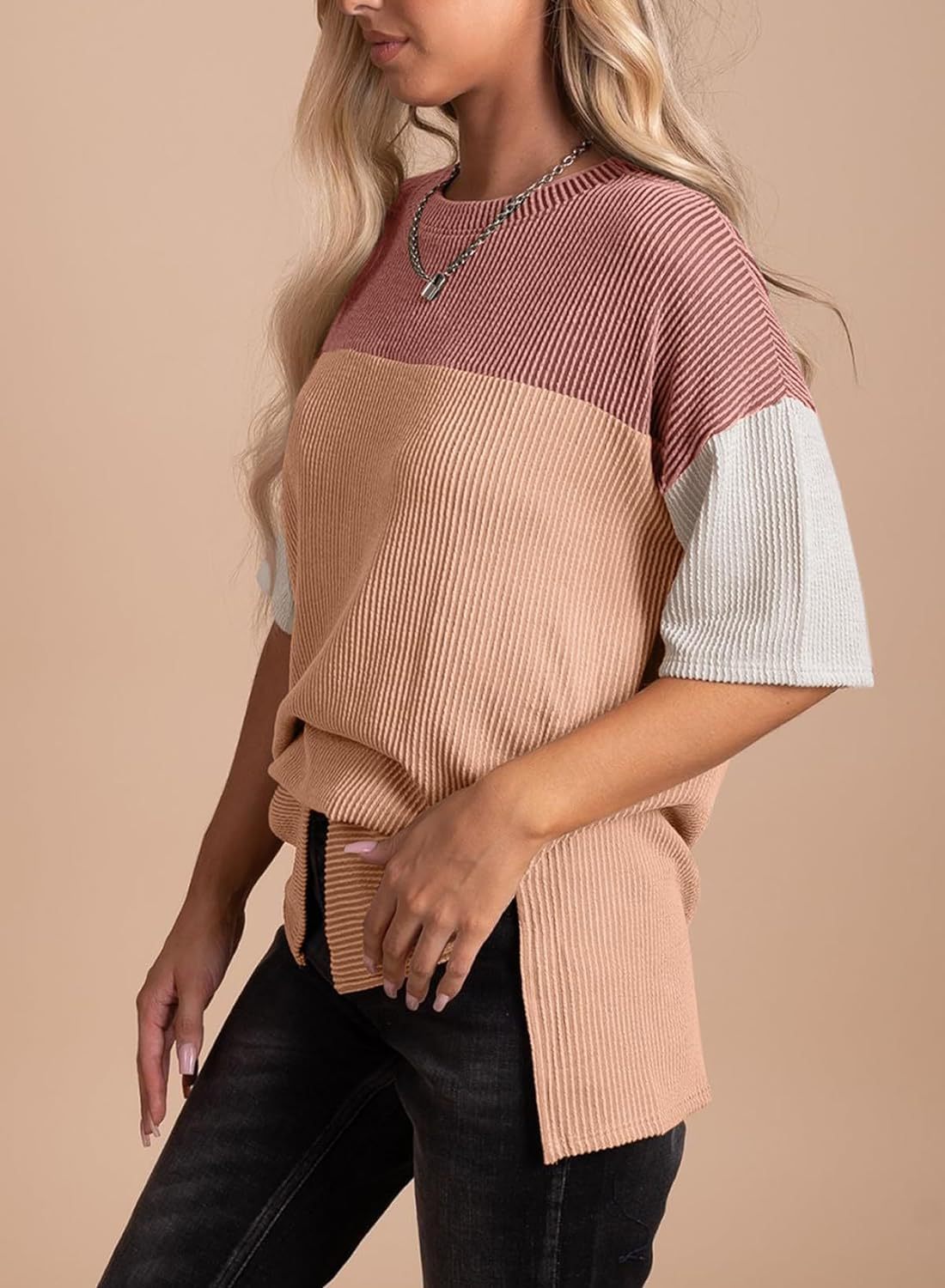 Ribbed Crew Neck Colorblock Top