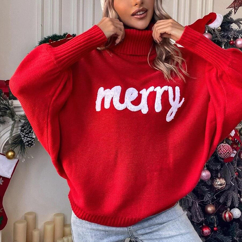 Turtle Neck Batwing Sleeve Merry Christmas Sweater