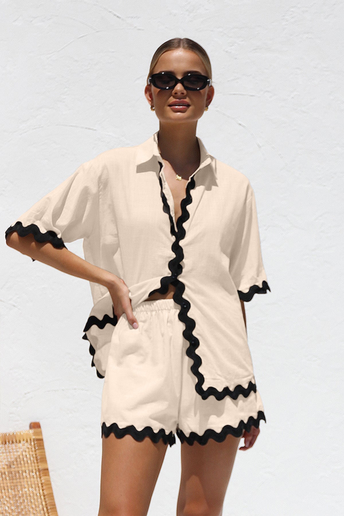 Wave Pattern Solid Shirt Top + Shorts Set