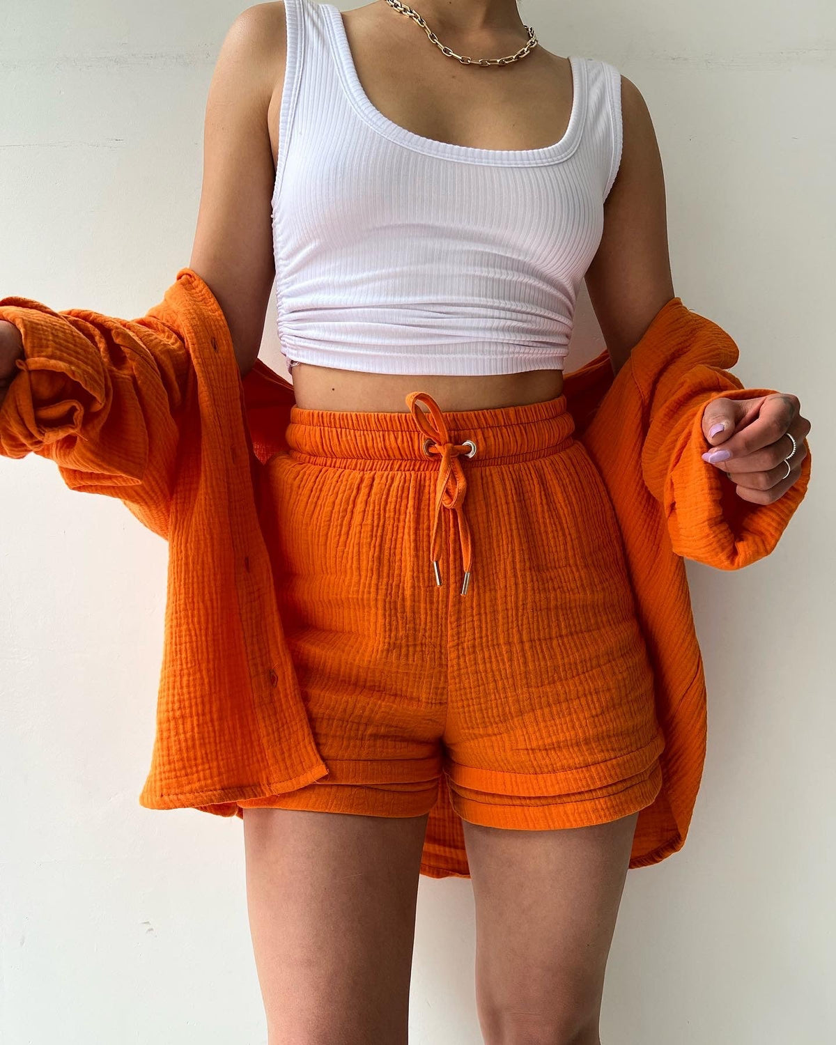 Textured Shirt + Drawstring Shorts 2-Piece Set