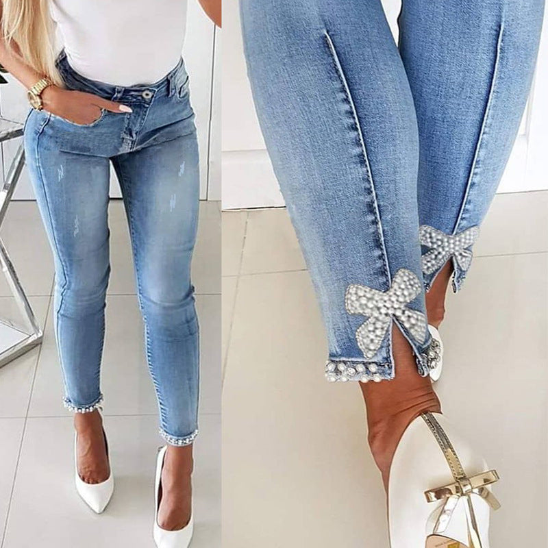 Bow Beaded Mid-Rise Skinny Jeans