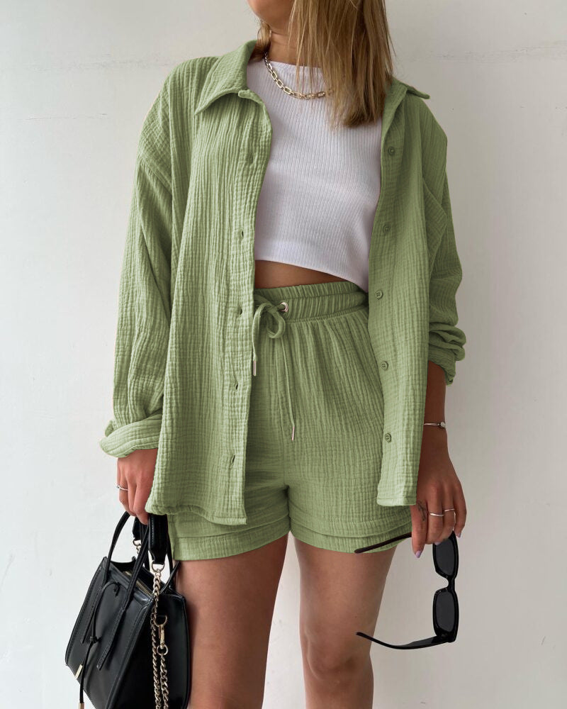 Textured Shirt + Drawstring Shorts 2-Piece Set