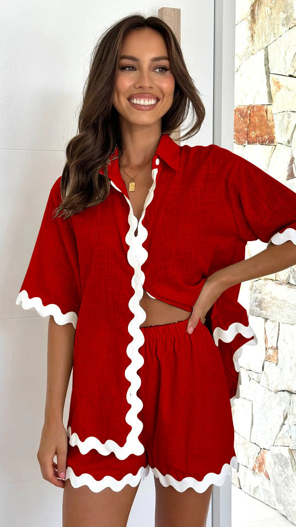 Wave Pattern Solid Shirt Top + Shorts Set