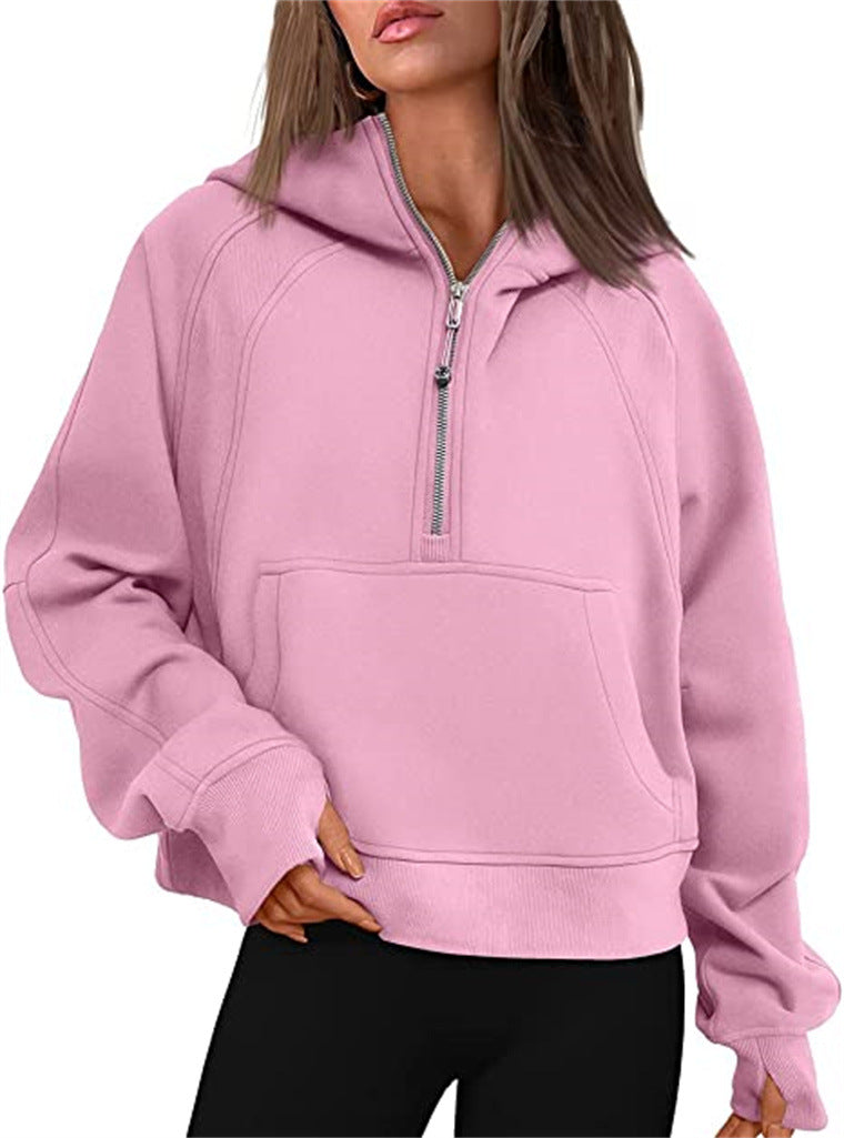 Half Zip Hooded Fleece Short Sweatshirt