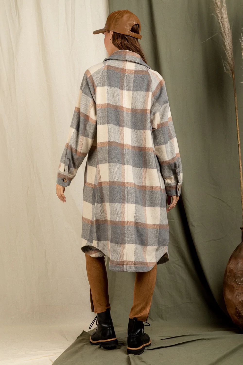 Checkered Lapel Pocket Long Coat