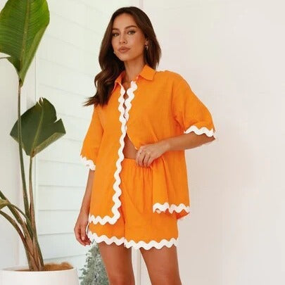 Wave Pattern Solid Shirt Top + Shorts Set