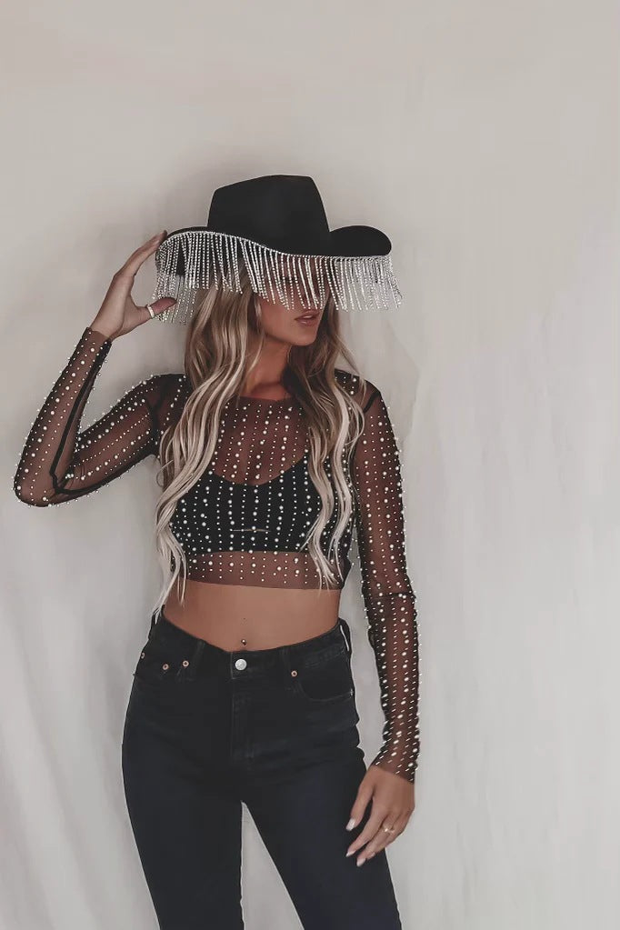 Rhinestone Pearl Mesh Top