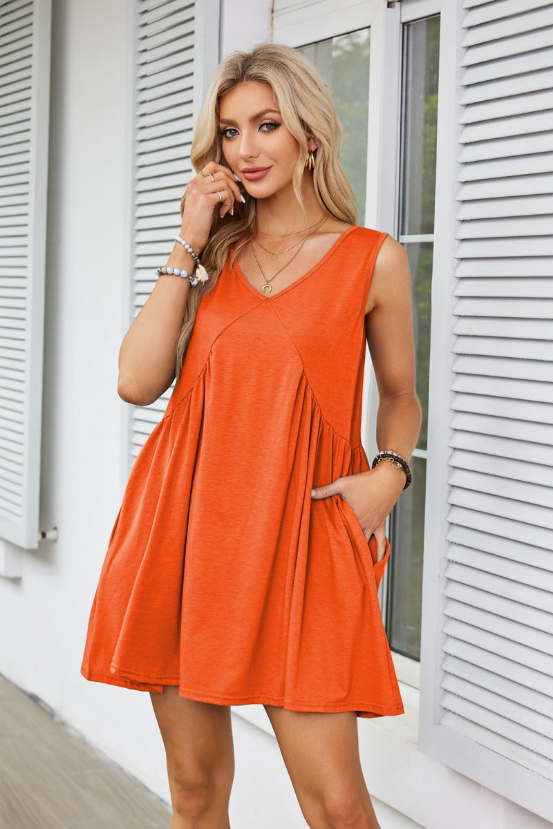 V-neck Sleeveless Pleated Pocket Dress